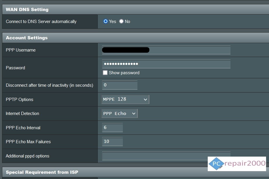 VPN pptop sonnection settings